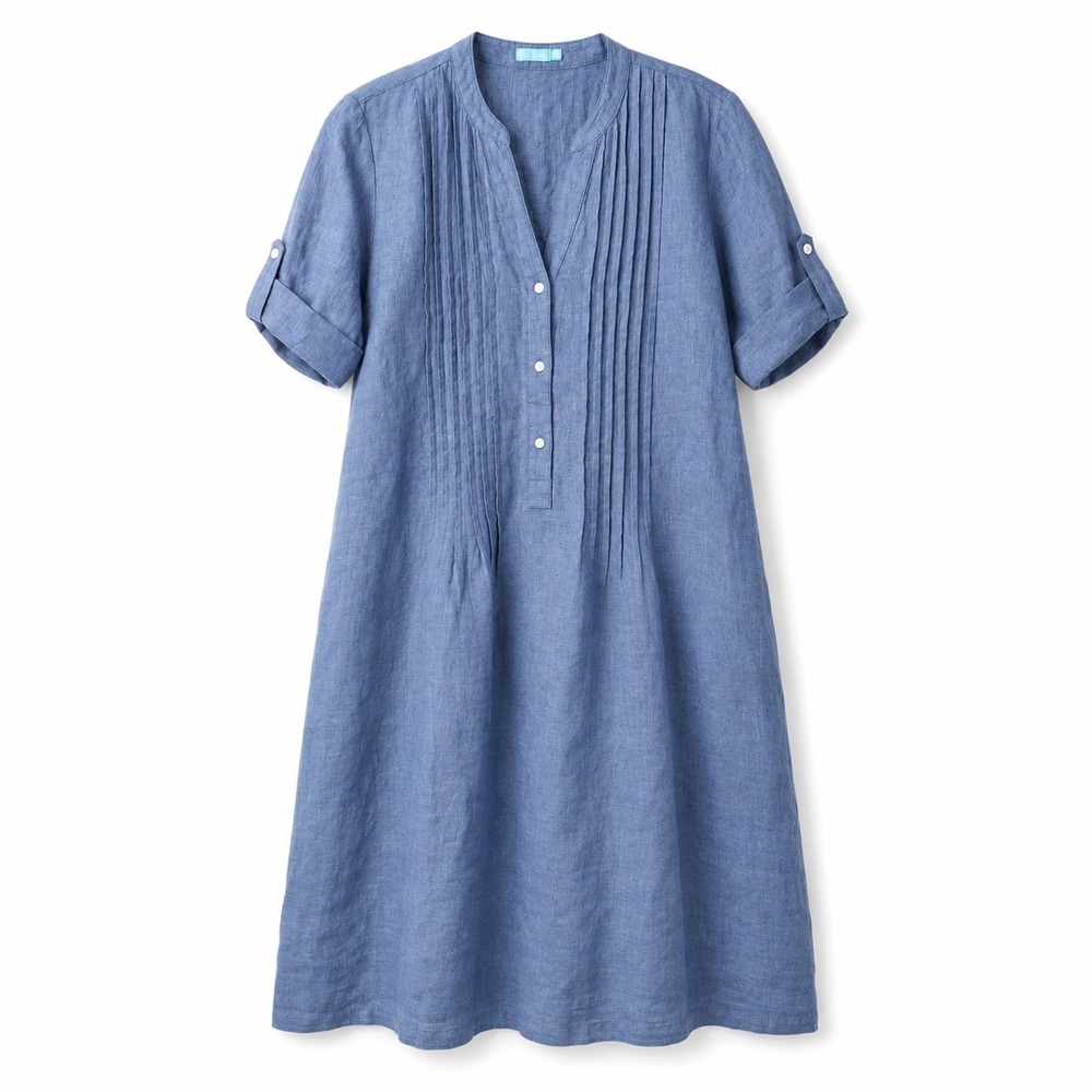 J. MCLAUGHLIN 100% Linen "Riviera" Shirt Dress Sz XS Blue Pleat-Front Roll-Tab